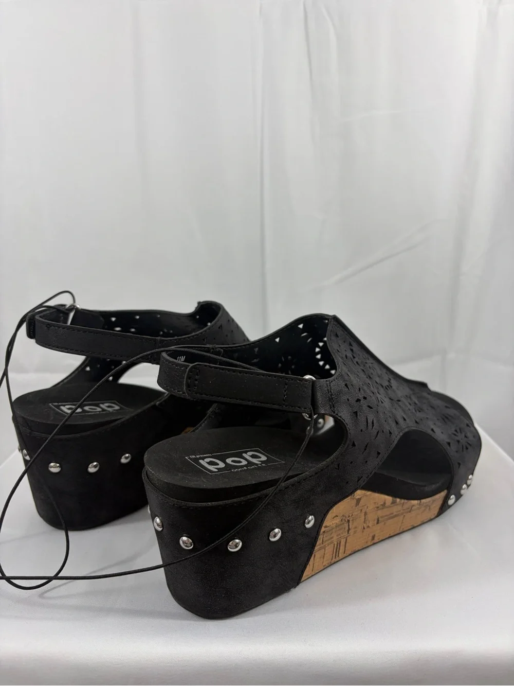 NWT Pop Womens Size 11 Wedge Cork Sandals Black Cutout Faux Leather